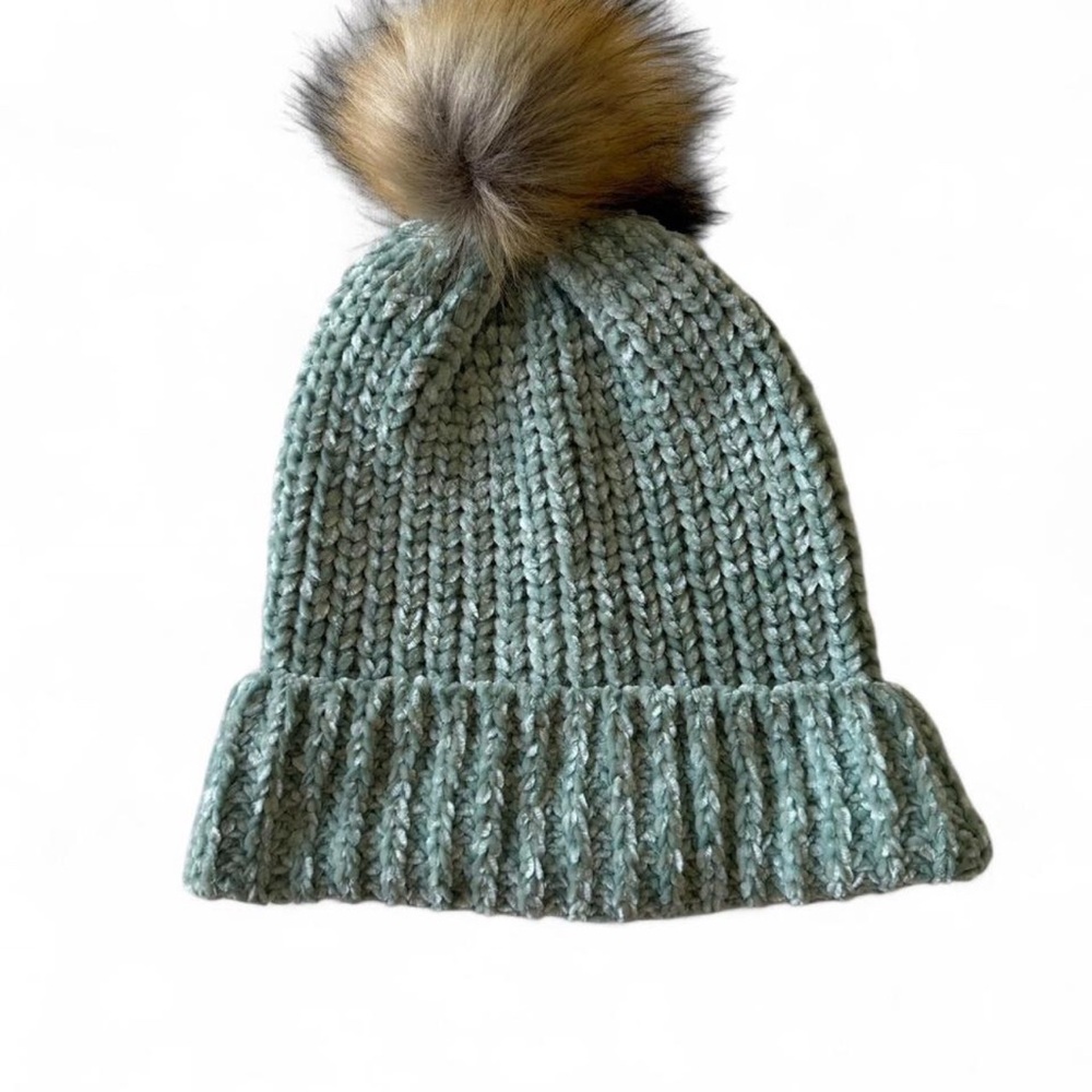 Mint Knit Pom Beanie Faux Fur Fluffy Cozy Fairycore Cottagecore